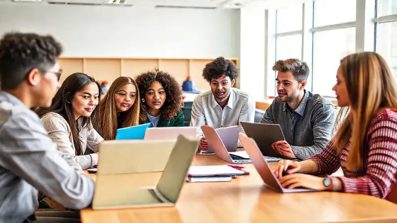 Estudiantes colaborando en un aula moderna