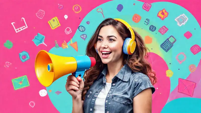 Joven con auriculares y megáfono colorido