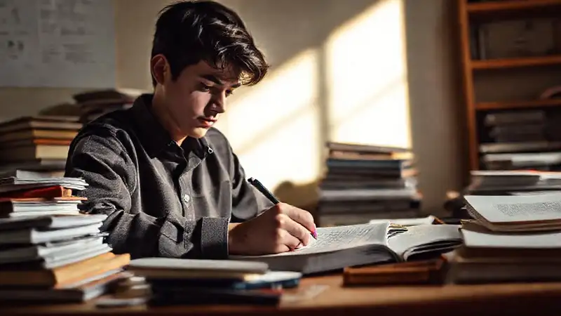Estudiante escribe ensayo en escritorio ordenado