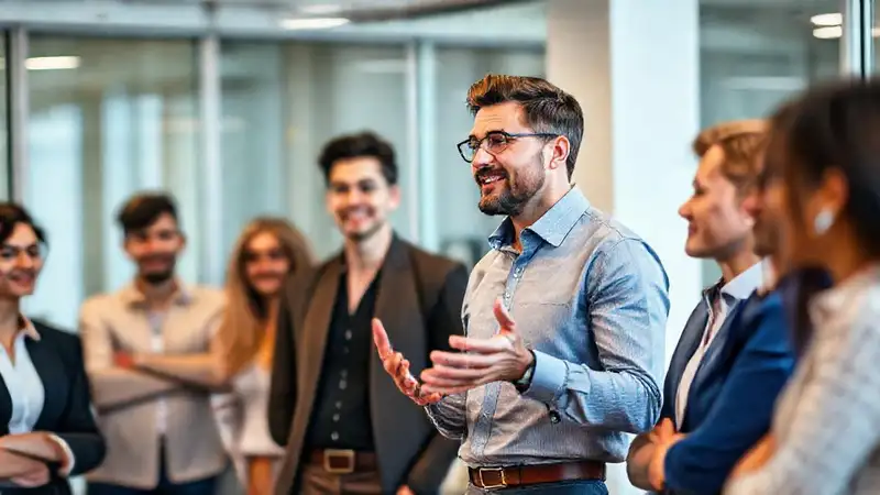 Profesional confiado inspira a audiencia diversa