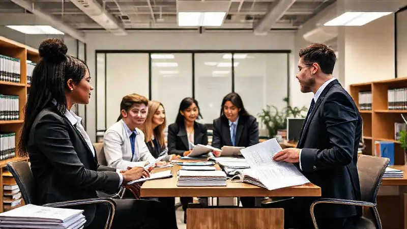Interior de oficina legal con pasantes y abogados
