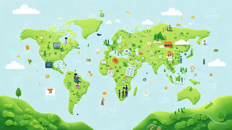Mapa global con nodos y equipo colaborando
