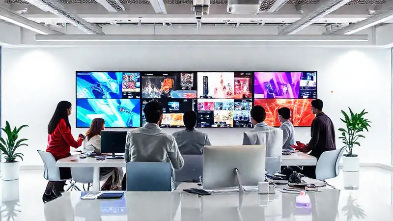 Equipo diverso crea contenido digital en entorno futurista