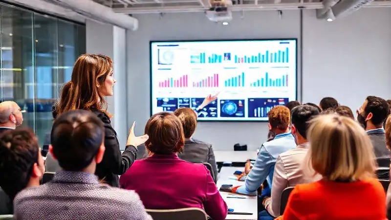 Mujer profesional presenta en oficina moderna