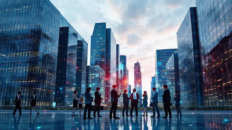 Horizonte corporativo futurista con profesionales digitales
