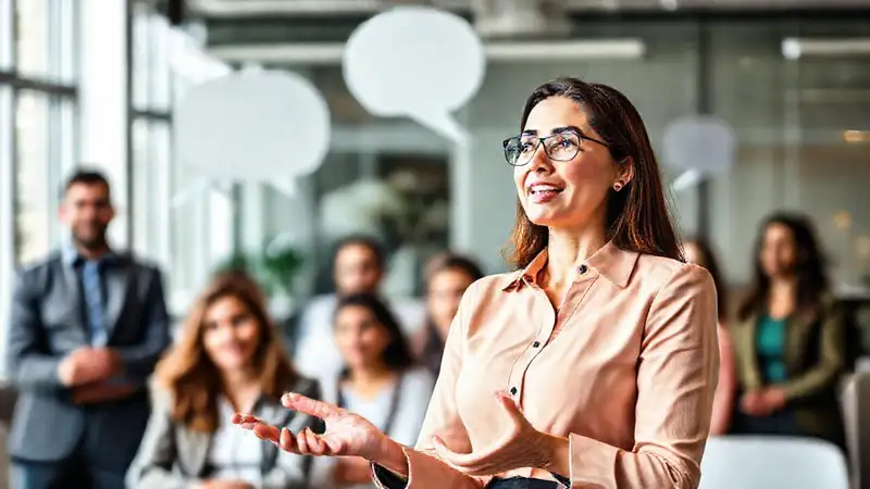 Mujer profesional comunica con confianza en oficina