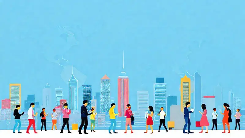 Diversas personas comunican en ciudad multicultural moderna