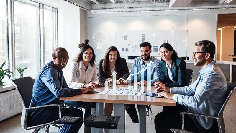 Reunión de negocios con tecnología y colaboración