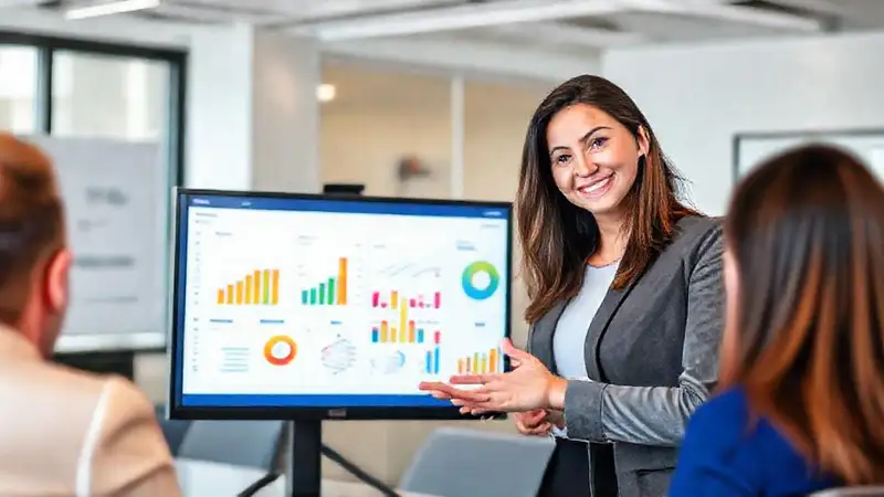 Mujer profesional presenta proyecto con gráficos vibrantes