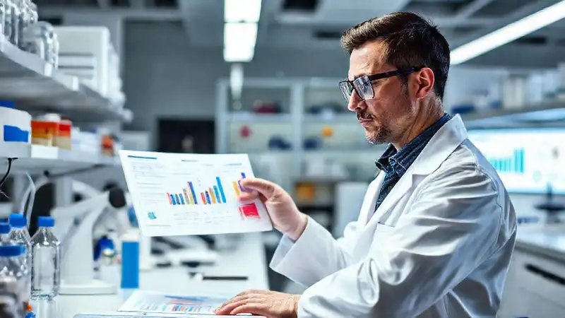 Científico analiza datos en laboratorio moderno