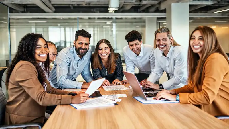 Profesionales colaborando alegremente en equipo