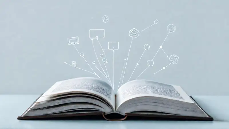Libro abierto con iconos de comunicación y redes
