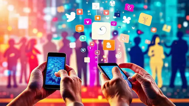 Manos con smartphones y símbolos digitales
