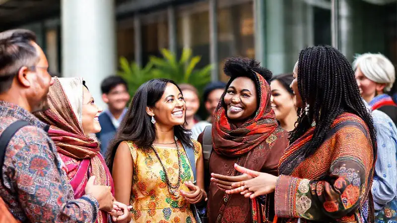Personas multiculturales compartiendo en armonía alegre