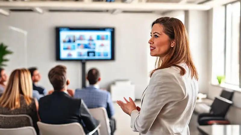 Mujer profesional presenta en oficina moderna