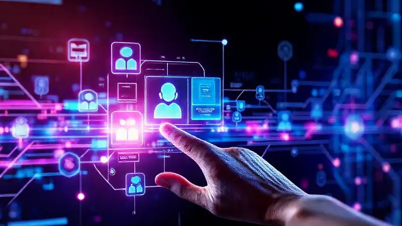 Interfaz digital futurista con IA y neón