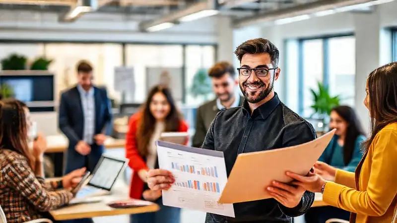 Joven profesional presenta proyecto en oficina moderna