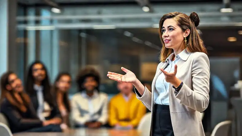 Mujer profesional presenta frente a equipo diverso