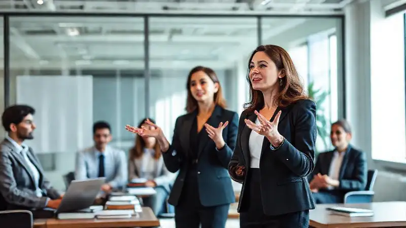 Mujer profesional presenta en oficina moderna