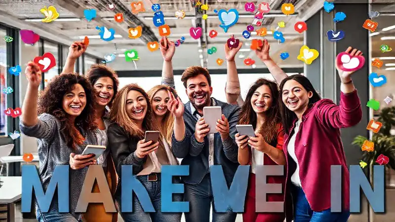 Equipo celebrando con íconos y energía