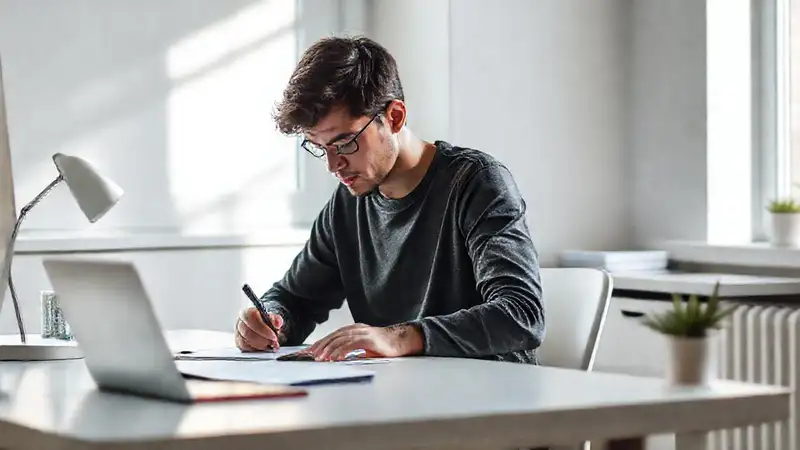 Persona concentrada en escritorio limpio y tranquilo
