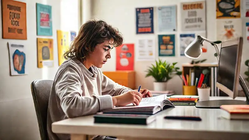 Estudiante concentrado en un escritorio organizado
