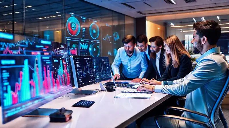 Oficina moderna con tecnología y colaboración vibrante