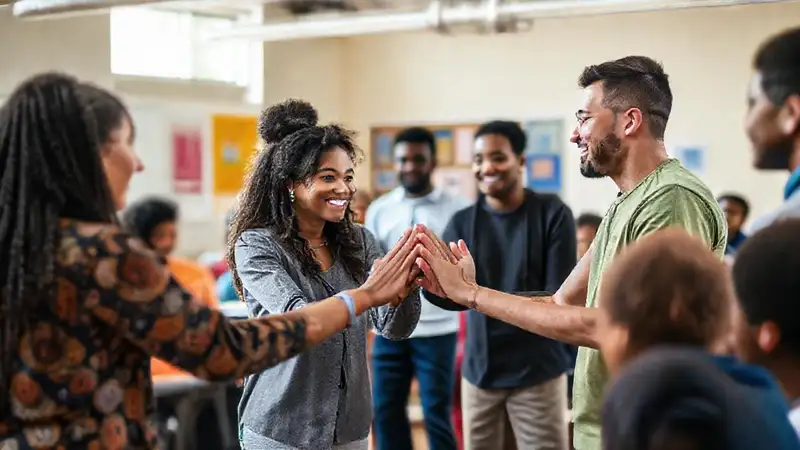 Educador y estudiante colaboran en taller comunitario