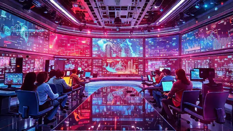 Redacción futurista con periodistas y pantallas digitales