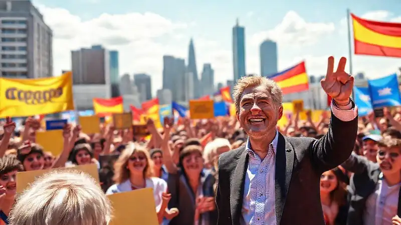 Campaña política con candidato confiado y multitudes