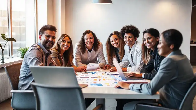 Equipo diverso colabora en oficina moderna