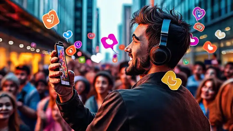 Influencer promueve productos en entorno urbano vibrante