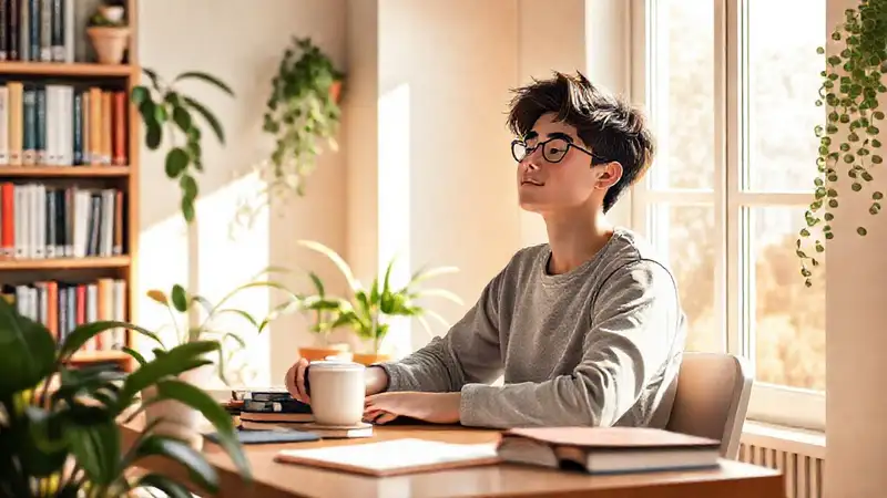 Estudiante tranquilo en una biblioteca acogedora