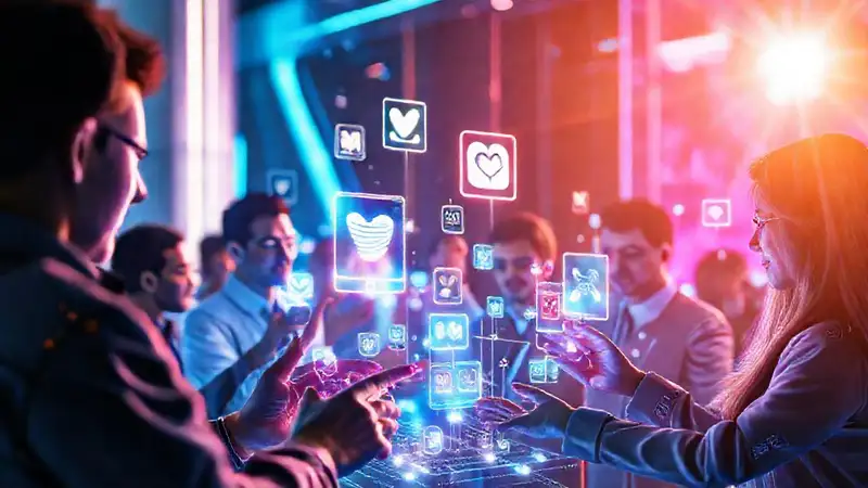 Interfaz digital futurista con personas y hologramas