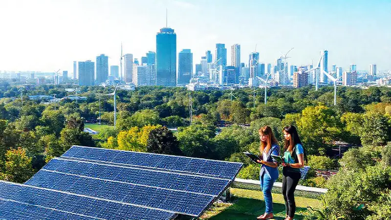 Ciudad moderna sostenible con estudiantes y energías renovables