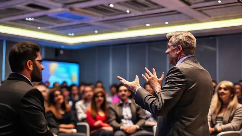Orador apasionado inspira audiencia en sala moderna