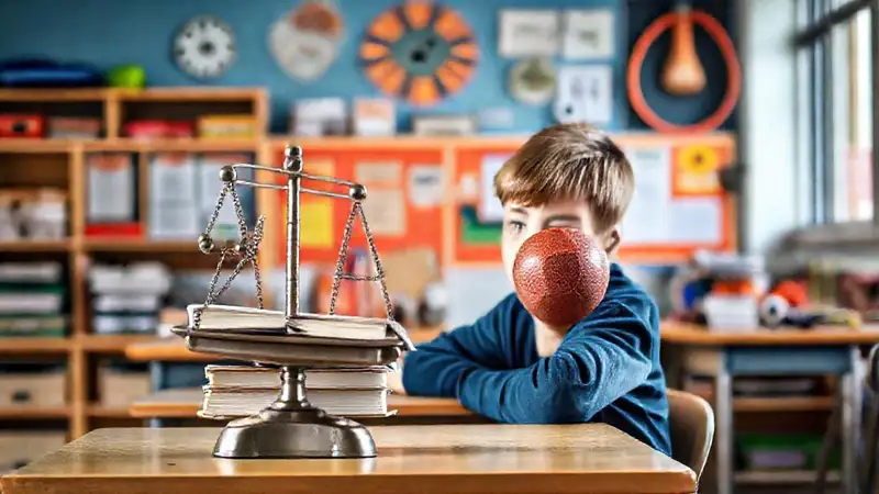 Estudiante en escritorio con balance y libros