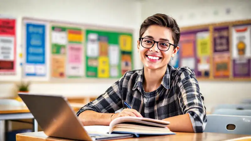 Estudiante motivado en aula brillante y colorida