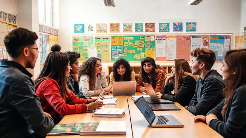 Estudiantes colaborando en aula moderna y colorida