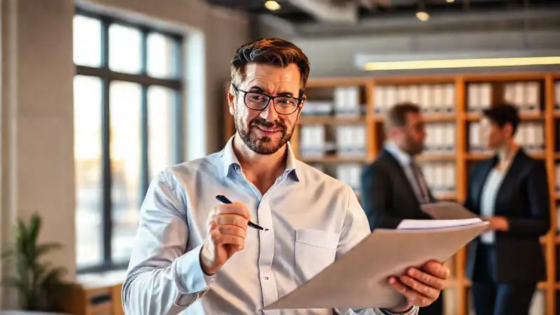 Auditor revisa documentos en oficina moderna