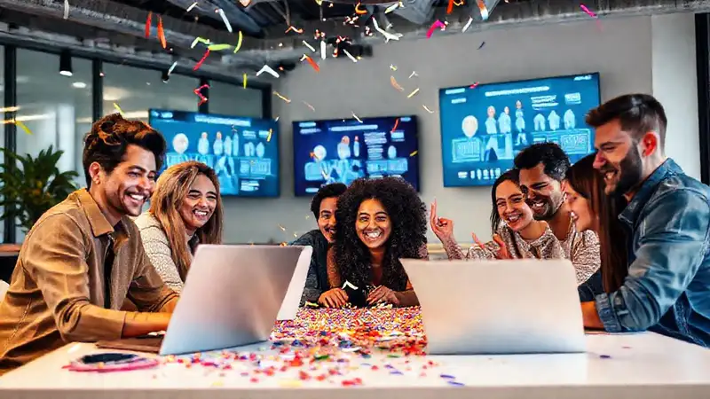 Equipo diverso celebra logros en entorno digital