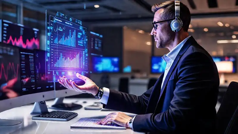 Contador futurista con hologramas y tecnología avanzada