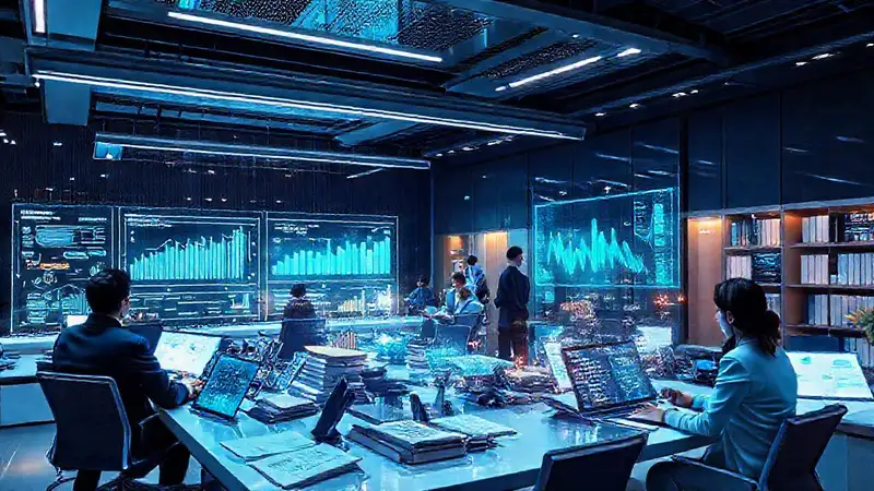 Espacio legal futurista con tecnología avanzada y colaboración