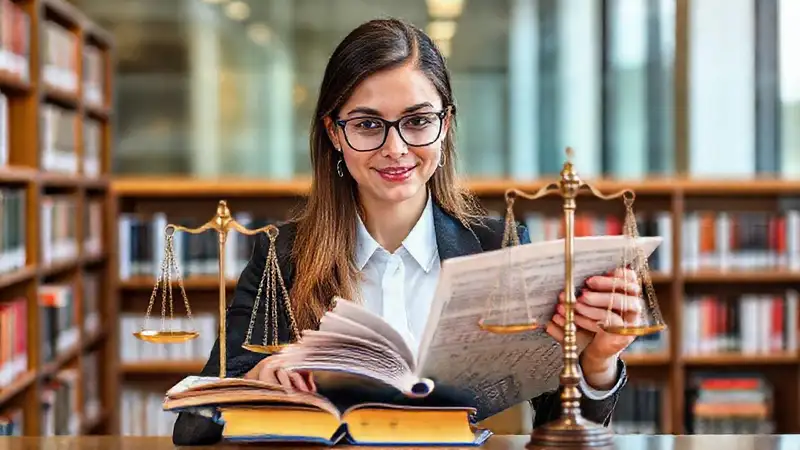 Estudiante de derecho en biblioteca moderna