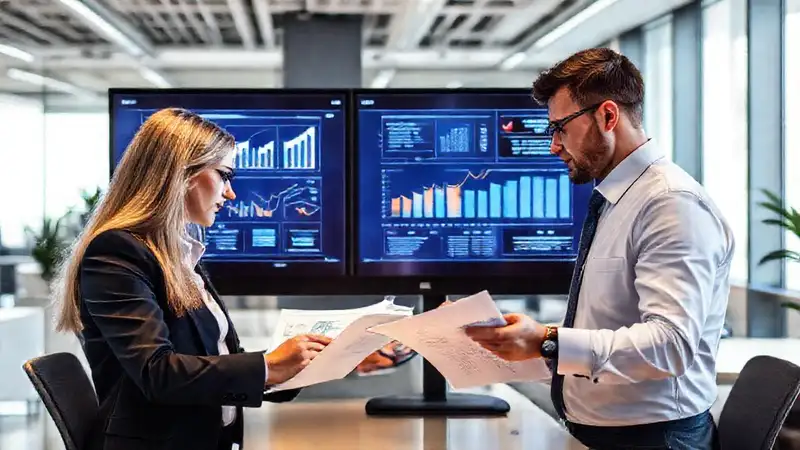 Profesionales revisando informes en oficina moderna