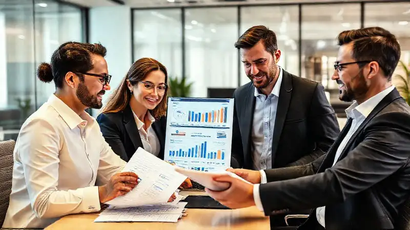 Profesionales revisando informes financieros en oficina moderna