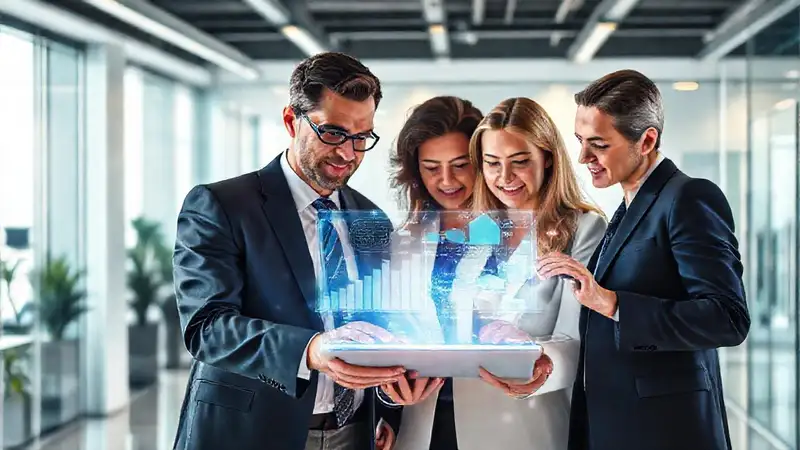 Abogados colaborando con tecnología futurista