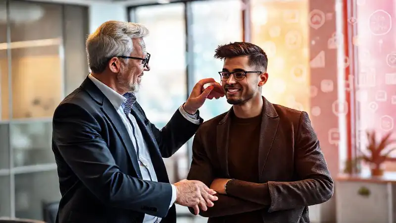 Mentor guía joven en oficina moderna inspiradora