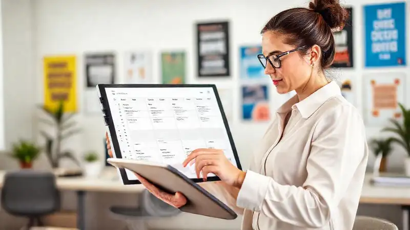 Mujer organizando tareas en oficina moderna