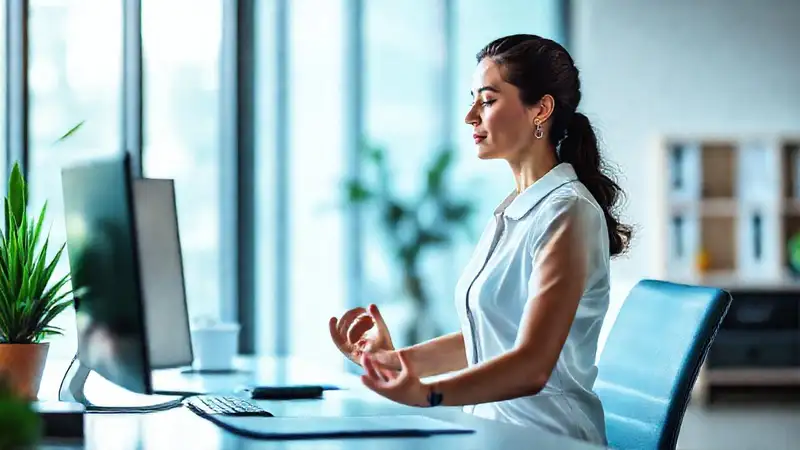 Mujer profesional meditando en oficina moderna